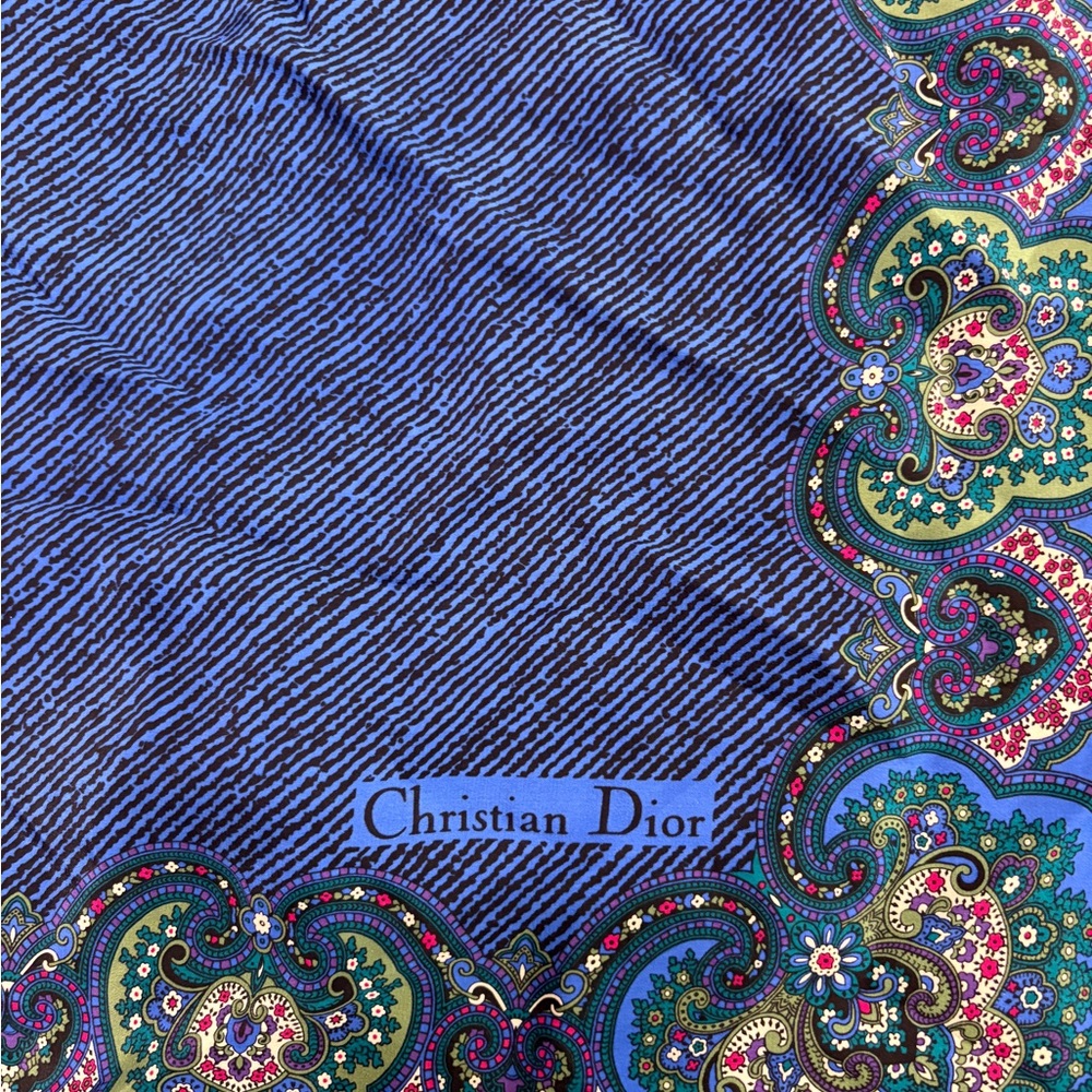 Dior Blue and Black Patterned Silk Scarf with Floral Accents - Picture 3 of 4